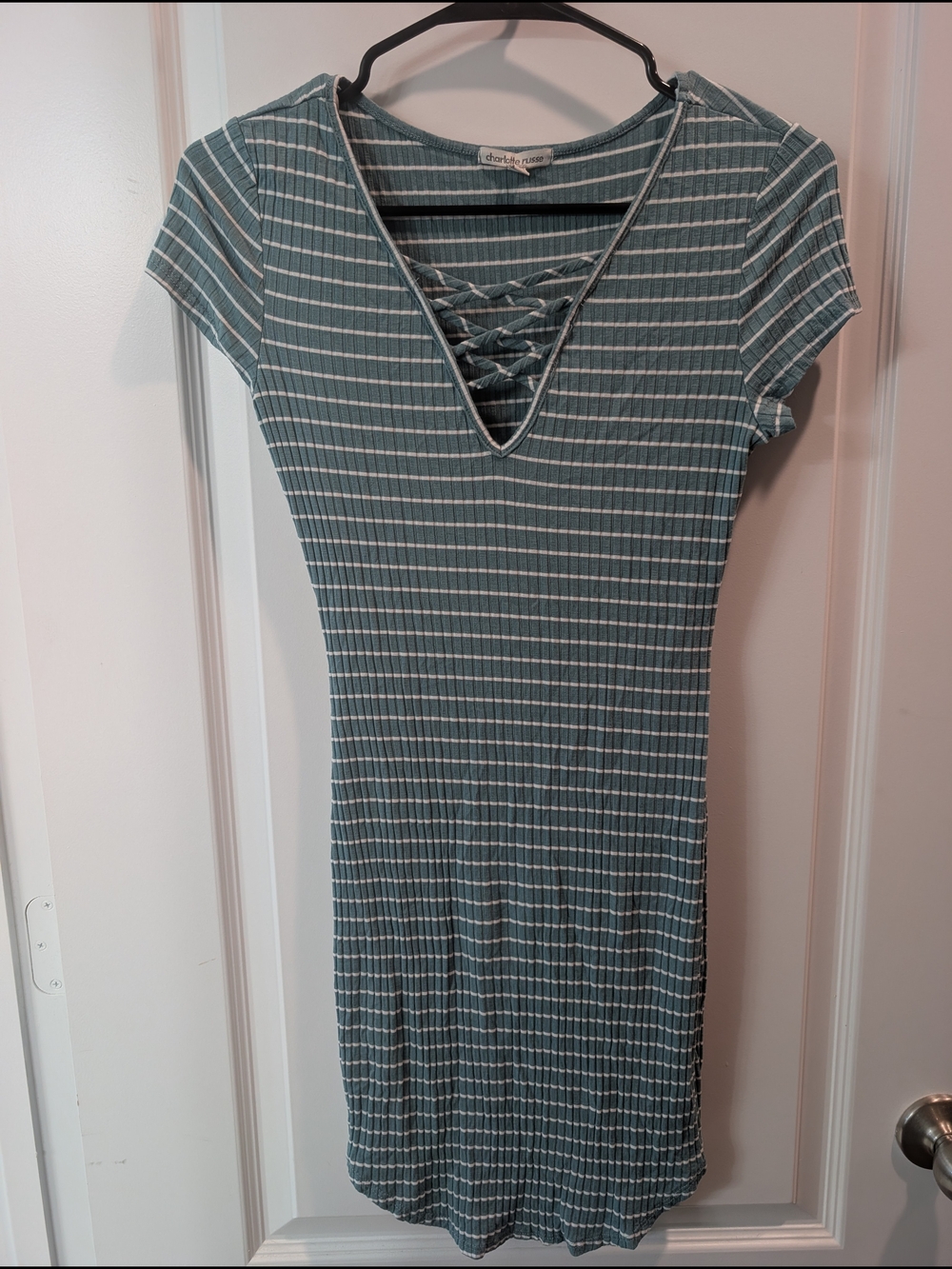 Charlotte Russe Teal and White Striped Lace-Up Ribbed Mini Dress